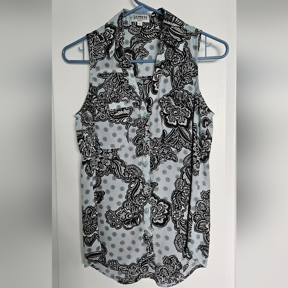 Express Light Blue, Black and White Floral Blouse